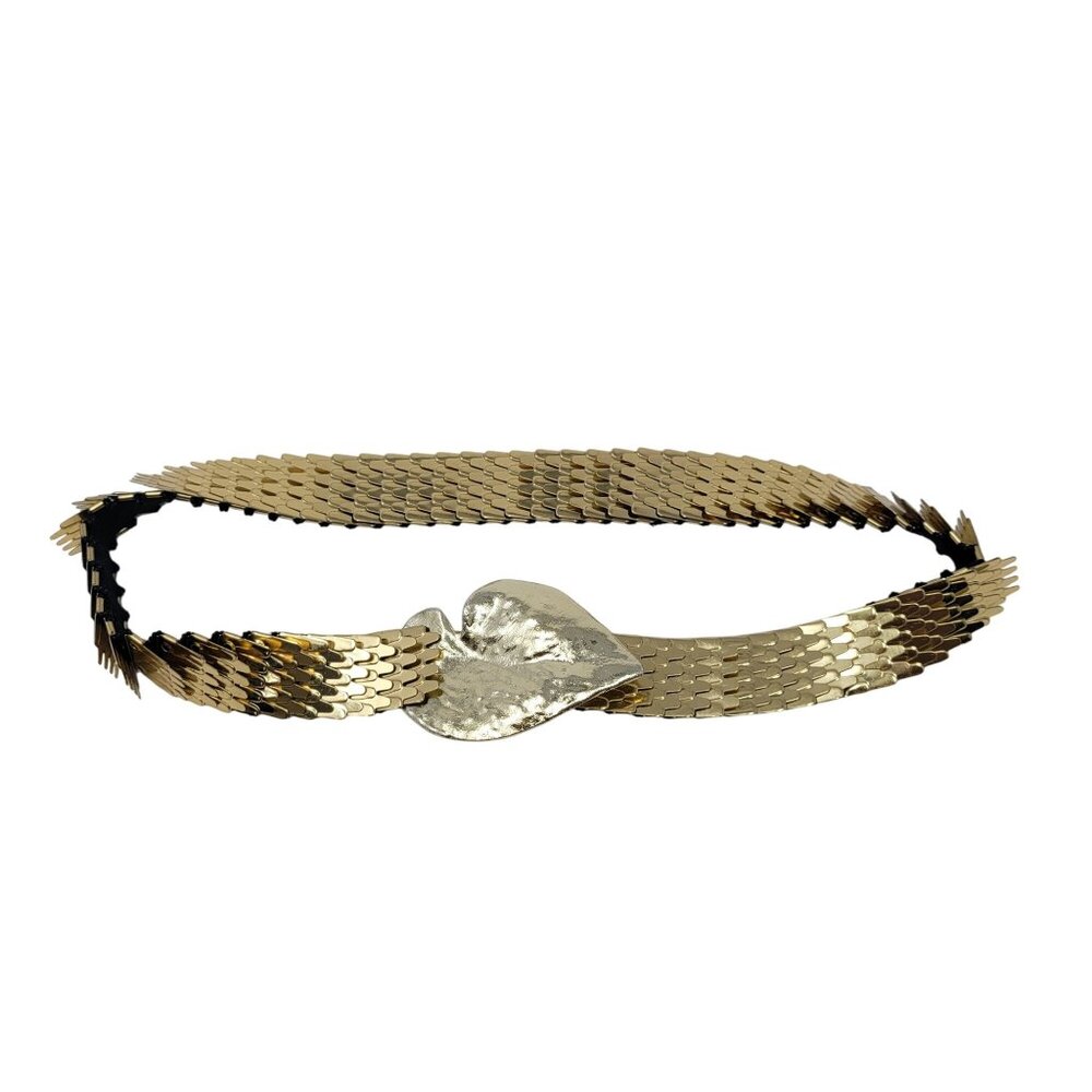 Vtg 70s Gold Metallic Snake‎ Scale Stretch Belt Sz S Heart Buckle Disco Bling
